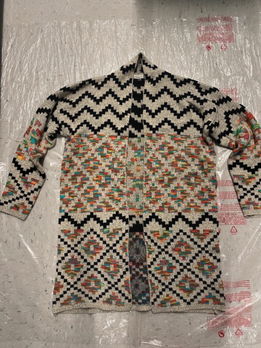 debut Black-and-Cream Cardigan with Multicolor Aztec Accents